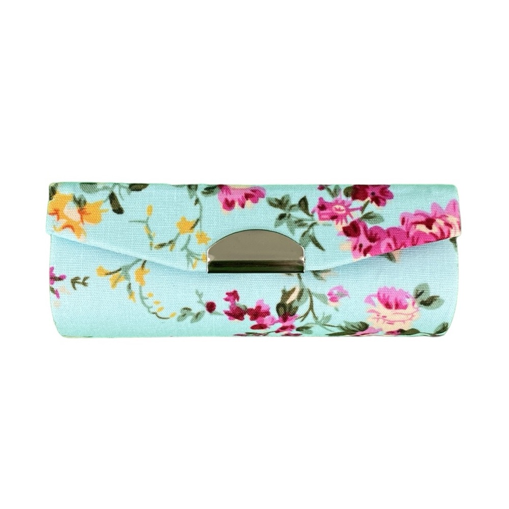 Retro Light Blue Floral Print Lipstick Holder With Mirror